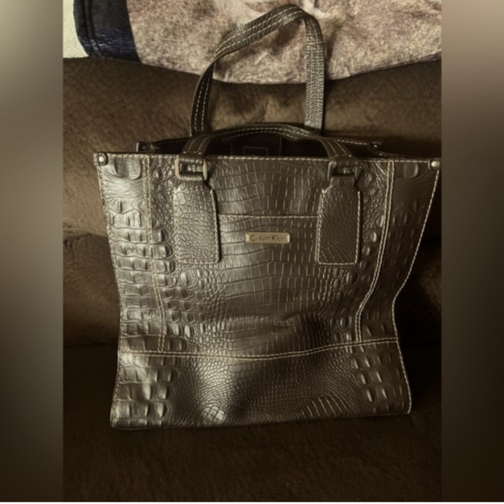 Calvin Klein Leather Purse Brown Crocodile Pattern